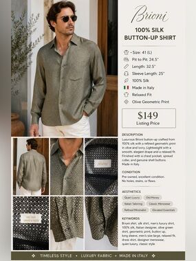 Brioni Olive Green Patterned Long-Sleeve Dress Shirt